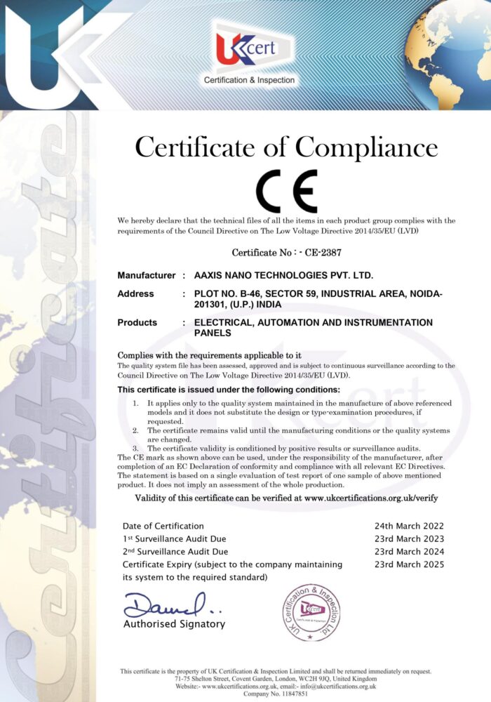 Certificate of compliance CE - Aaxis Nano Technologies
